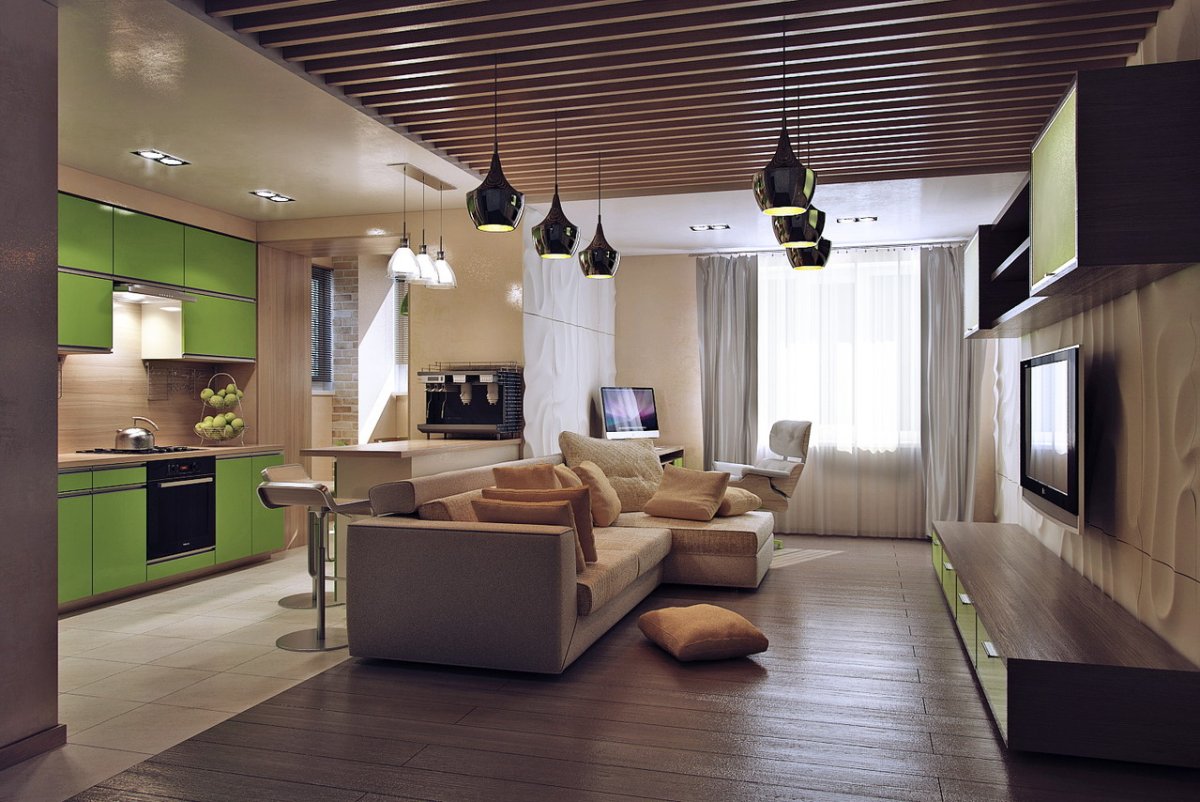 Кухня гостиная потолок зонирование