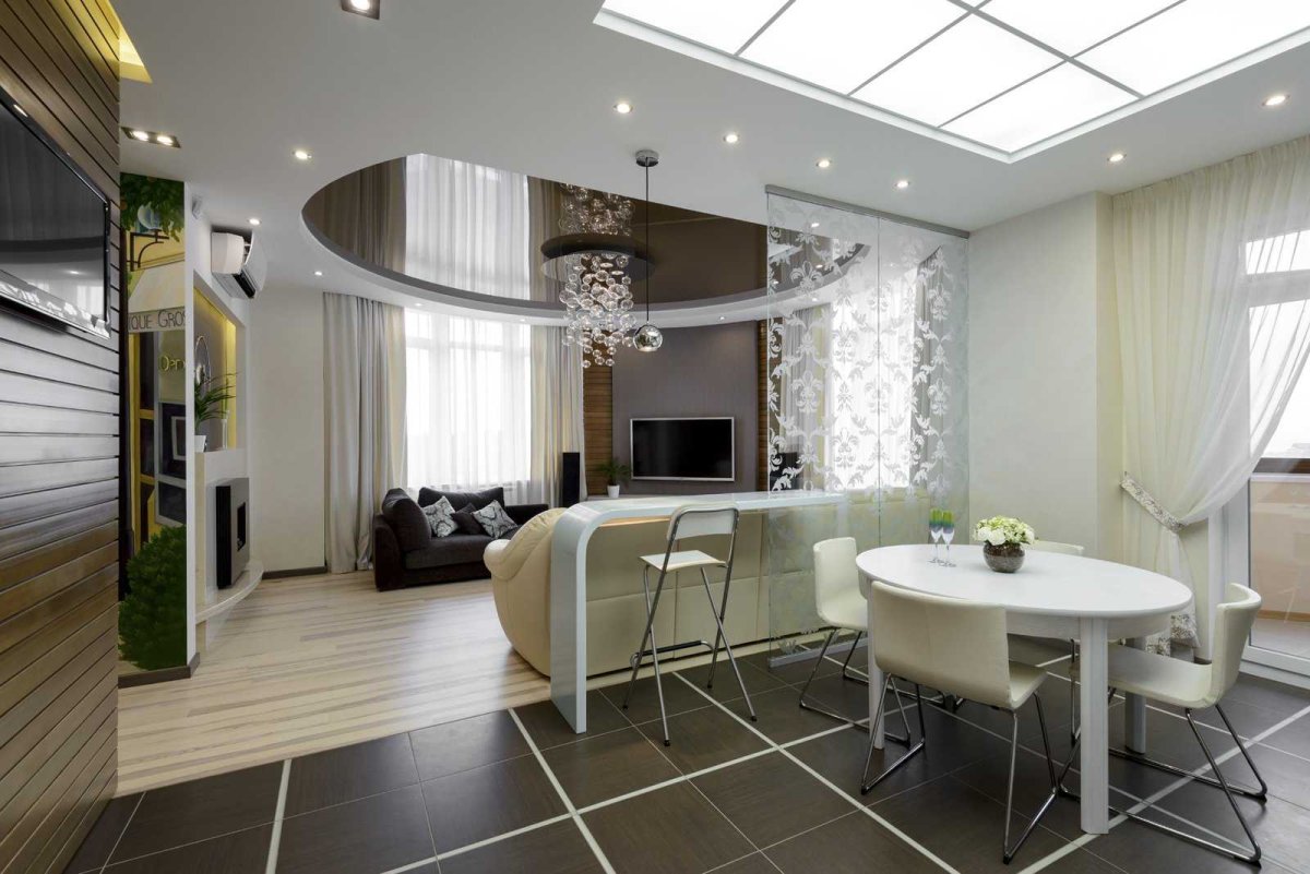 Зонирование кухни и столовой зоны потолком