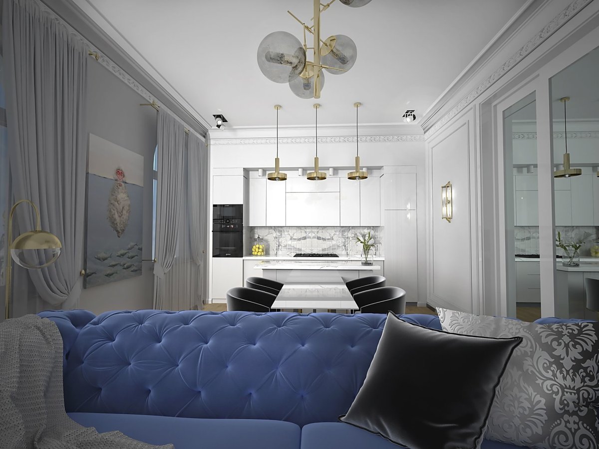 Гостиная 20 кв синий диван