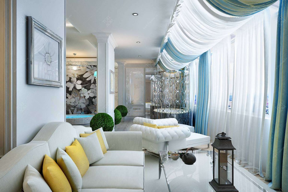 Светлые яркие шторы в интерьере гостиной