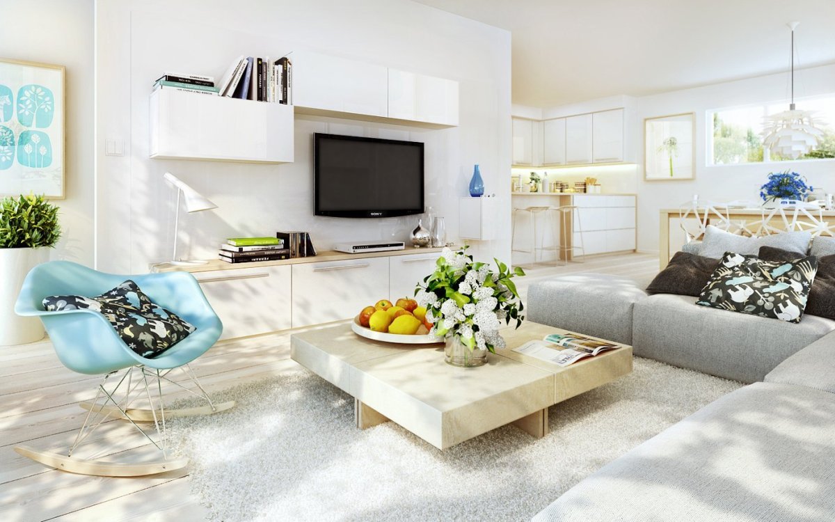 Просторная гостиная в светлых тонах