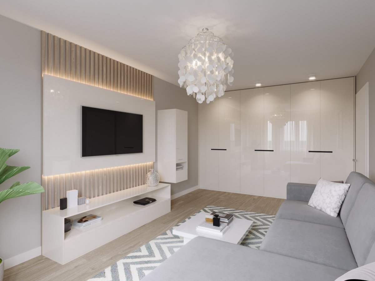 Минимализм в гостиной в светлых тонах