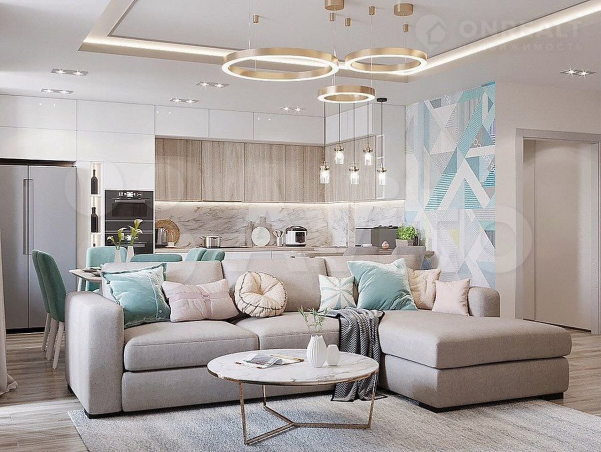 Кухня-гостиная в современном стиле светлая