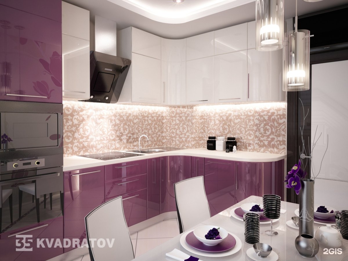 Кухня фиолетовая с бежевым