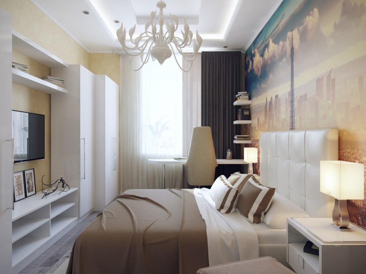 Узкая спальня в светлых тонах