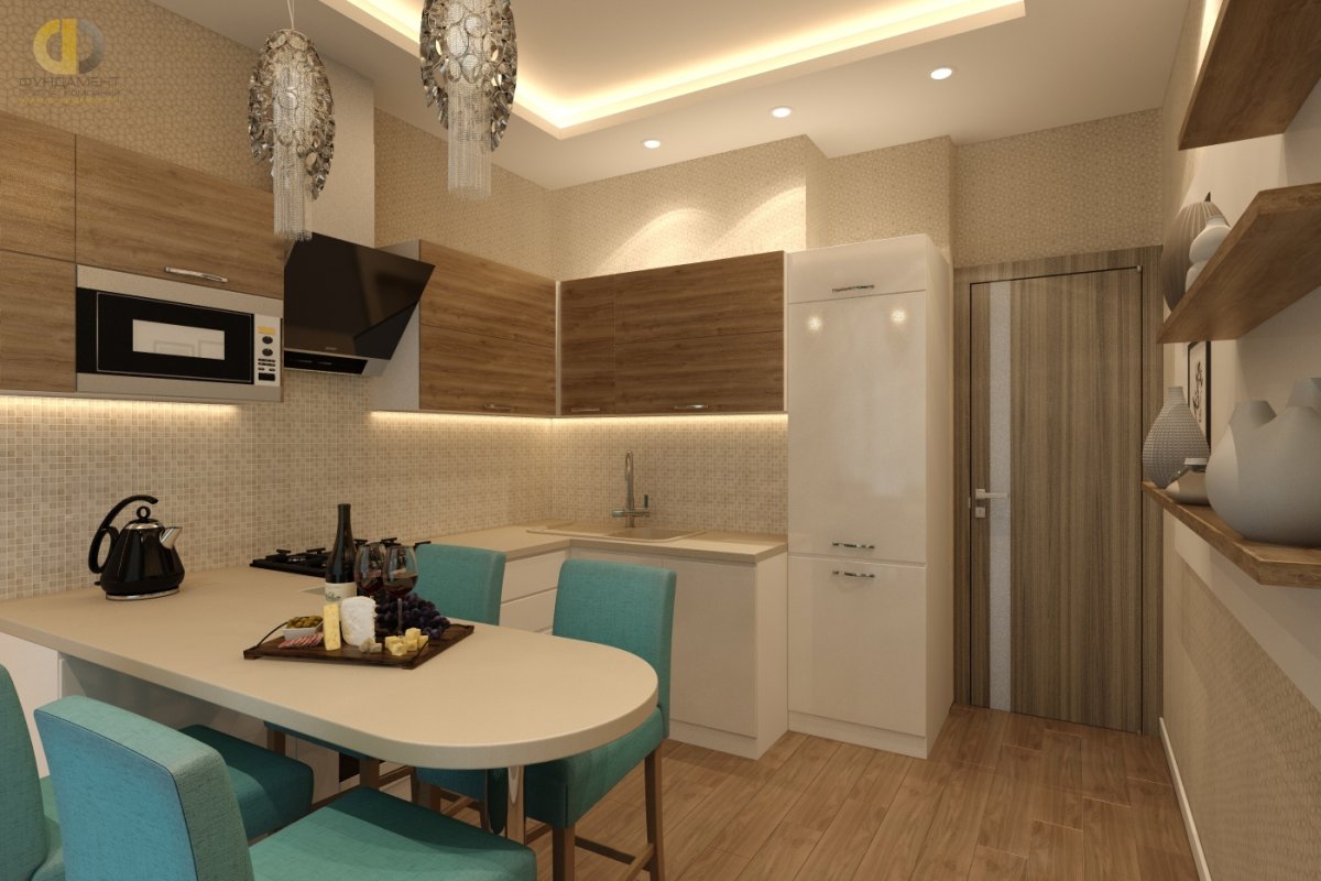 Кухня в бежевых тонах с яркими акцентами