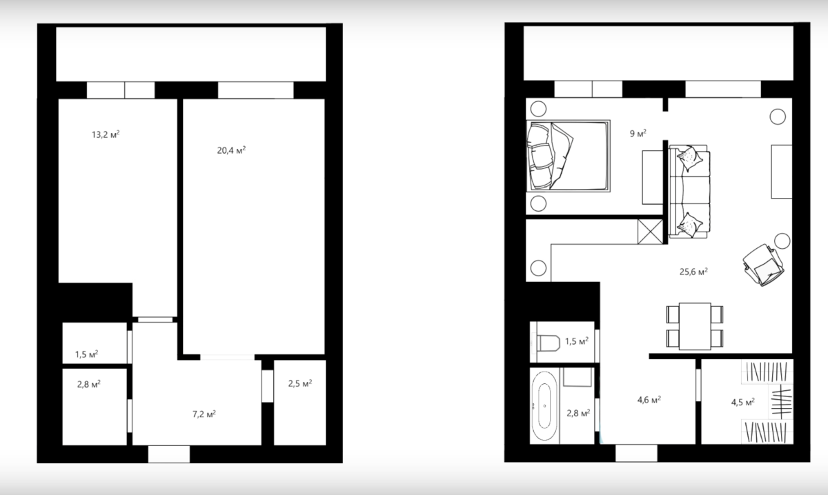 Планировка из однушки в двушку 45 кв
