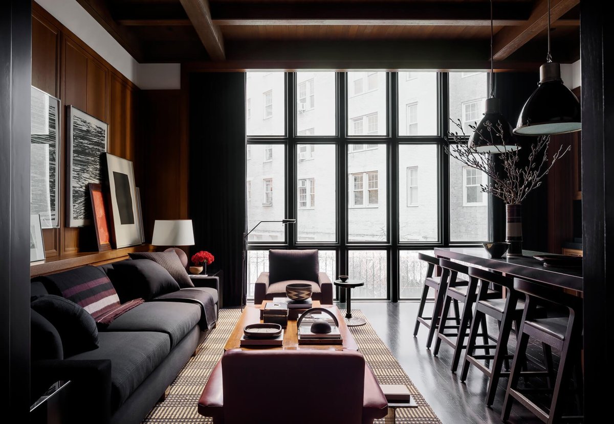 Гостиная в стиле лофт в темных тонах