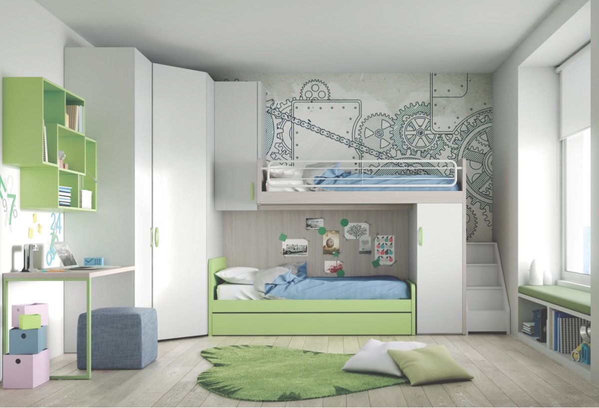 Детская спальня с двухъярусной кроватью и диваном угловым шкафом