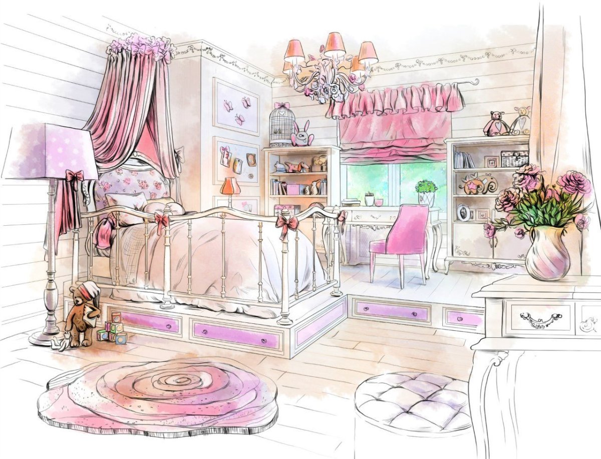 Интерьер детской комнаты акварель