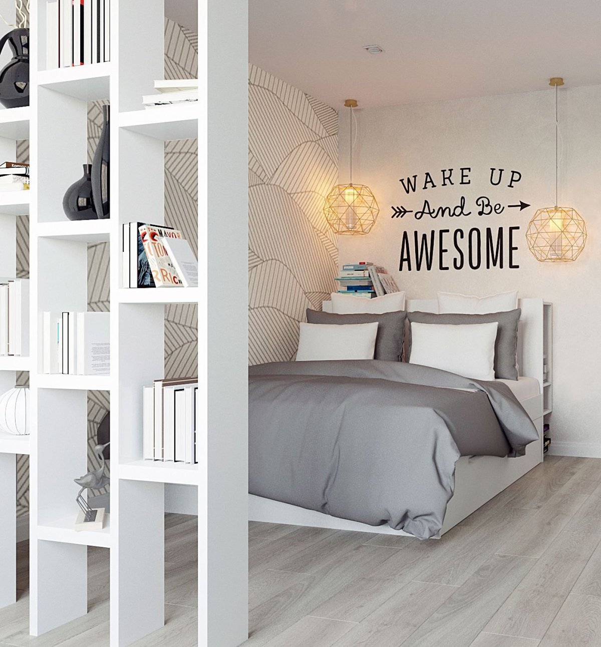 Белый стеллаж для зонирования комнаты