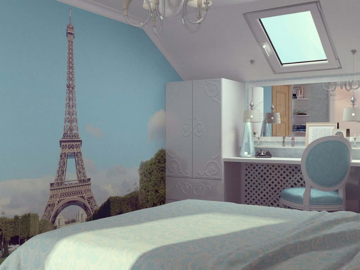 Фотообои в спальне на мансарде