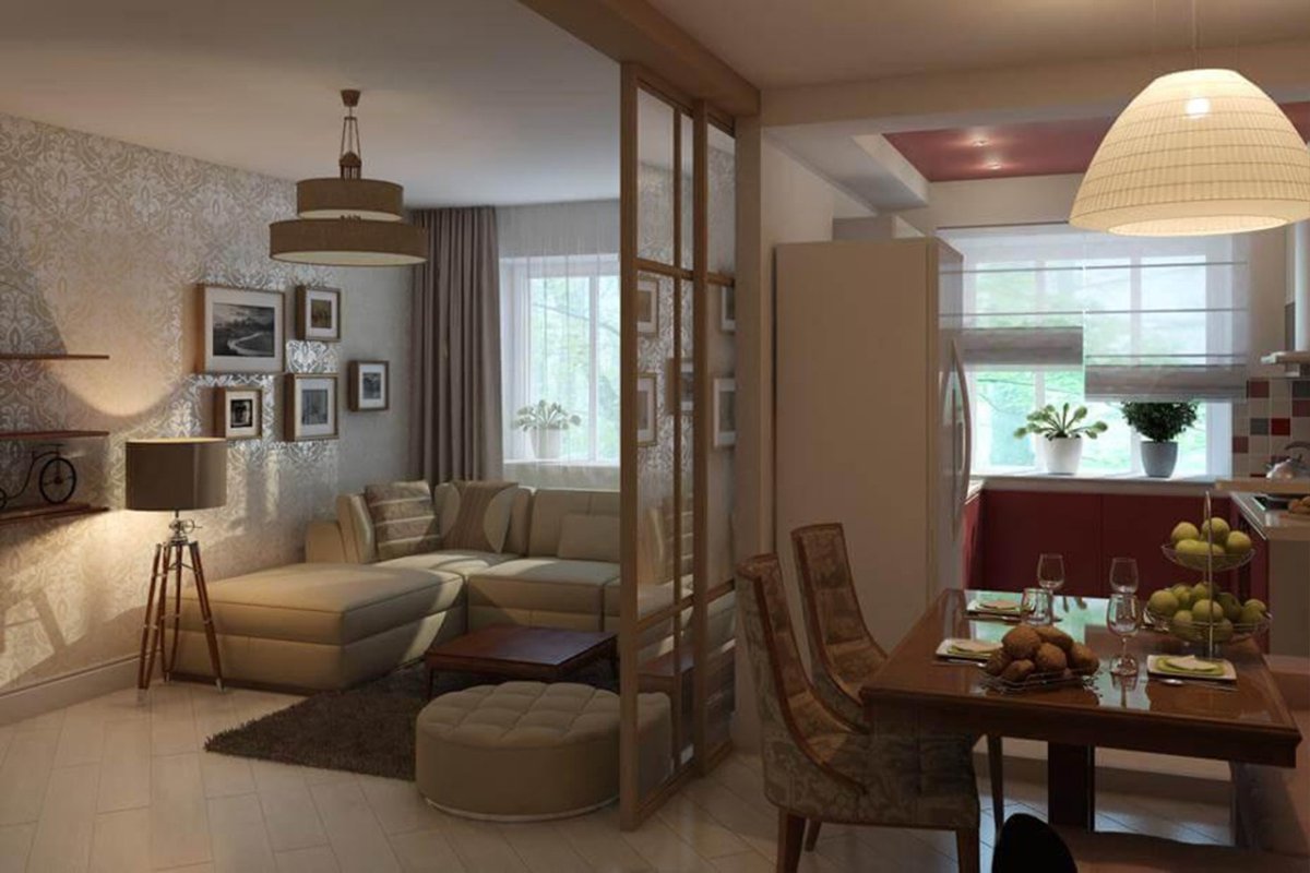 Зонирование кухни с залом