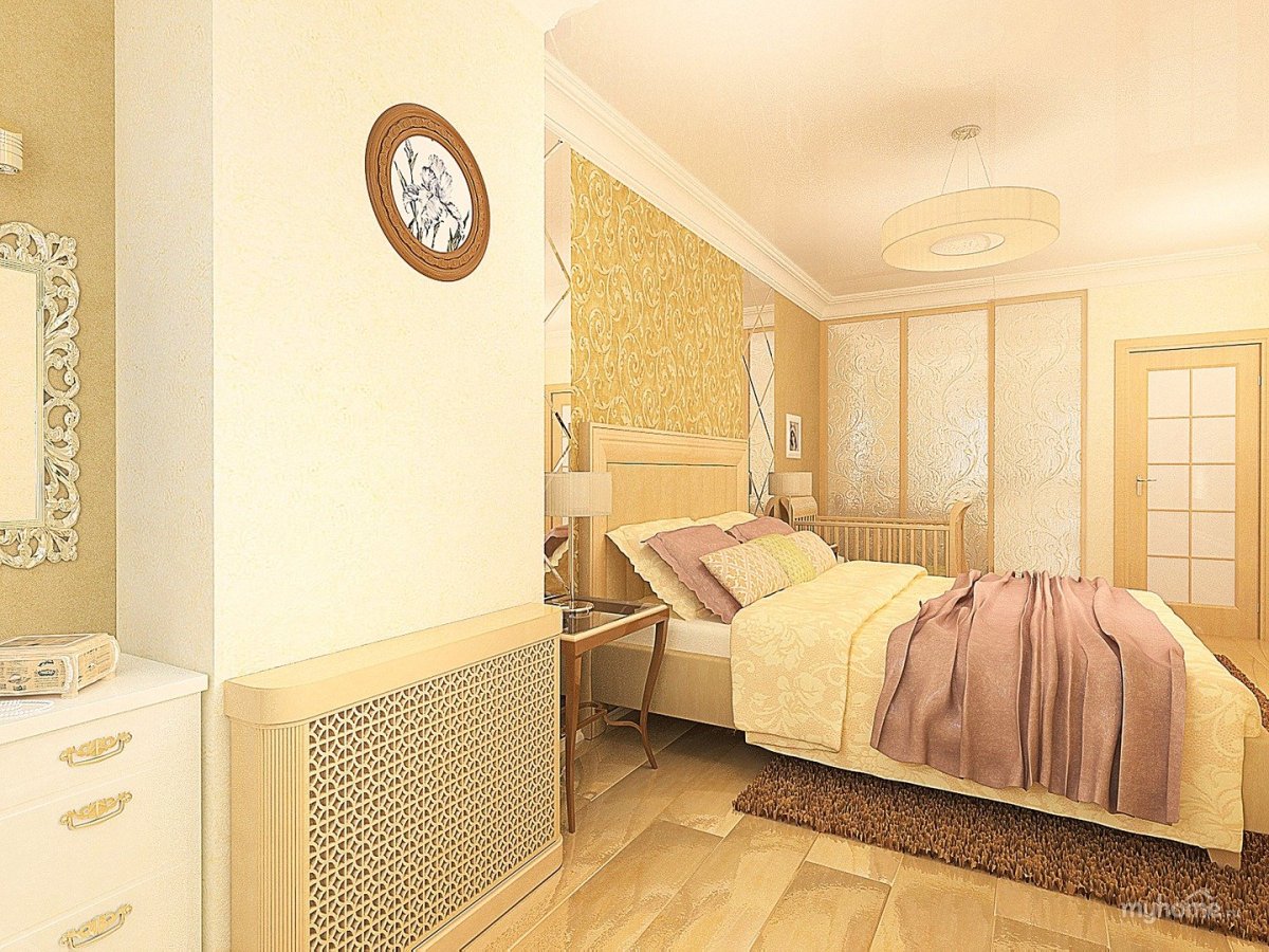 Спальня совмещенная с балконом в комбинированном персиковый цвете