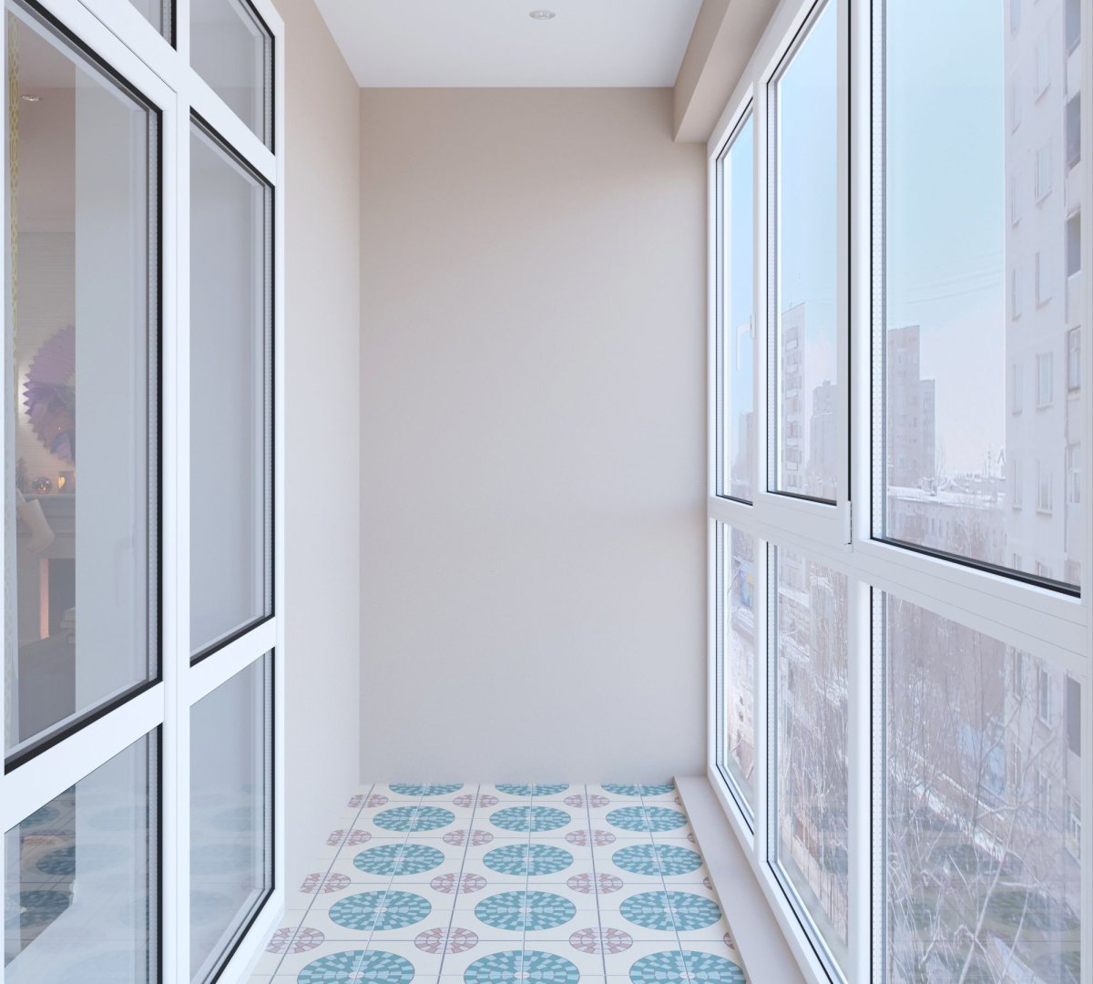 Отделка балкона в светлых тонах