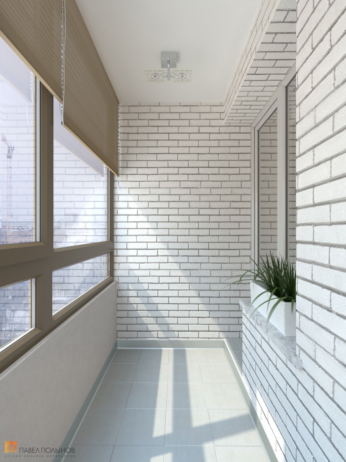 Белый крашеный кирпич на балконе