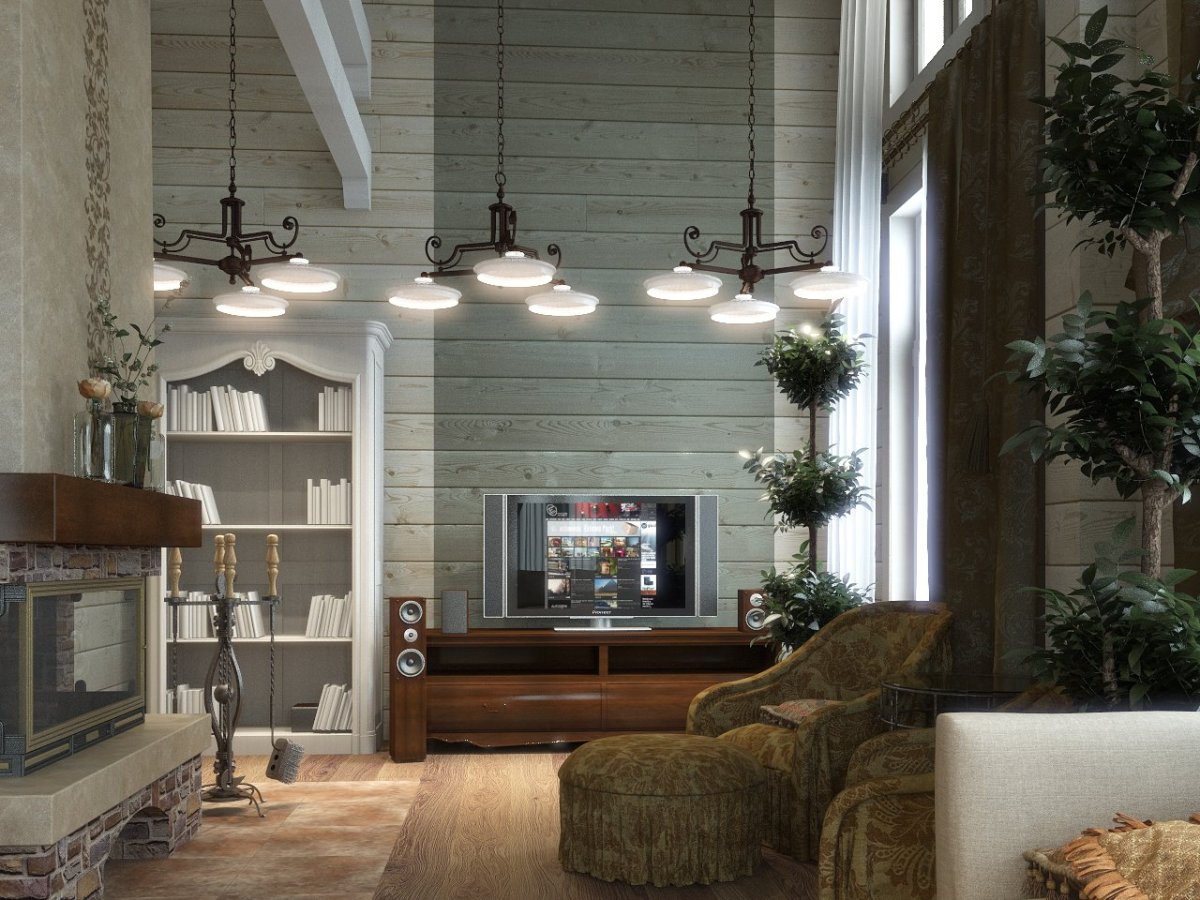 Гостинные в стиле Прованс в доме из бруса