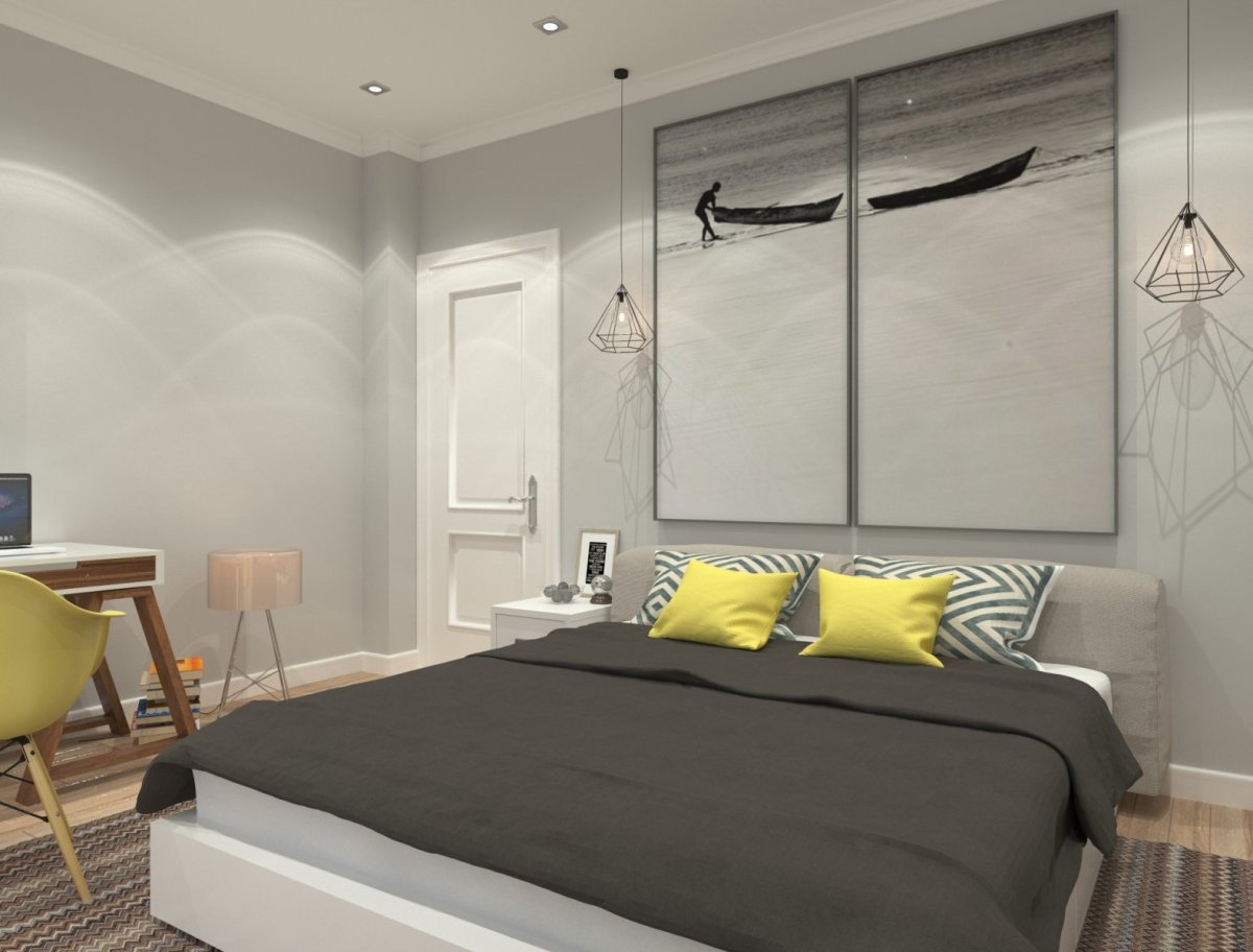 Подвесы в спальне над тумбочками в скандинавском стиле