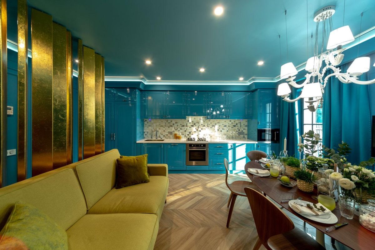 Кухня гостиная в бирюзовом цвете