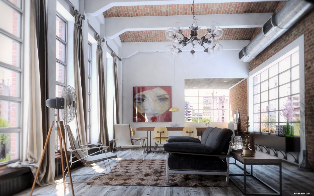 Потолочный плинтус в интерьере лофт