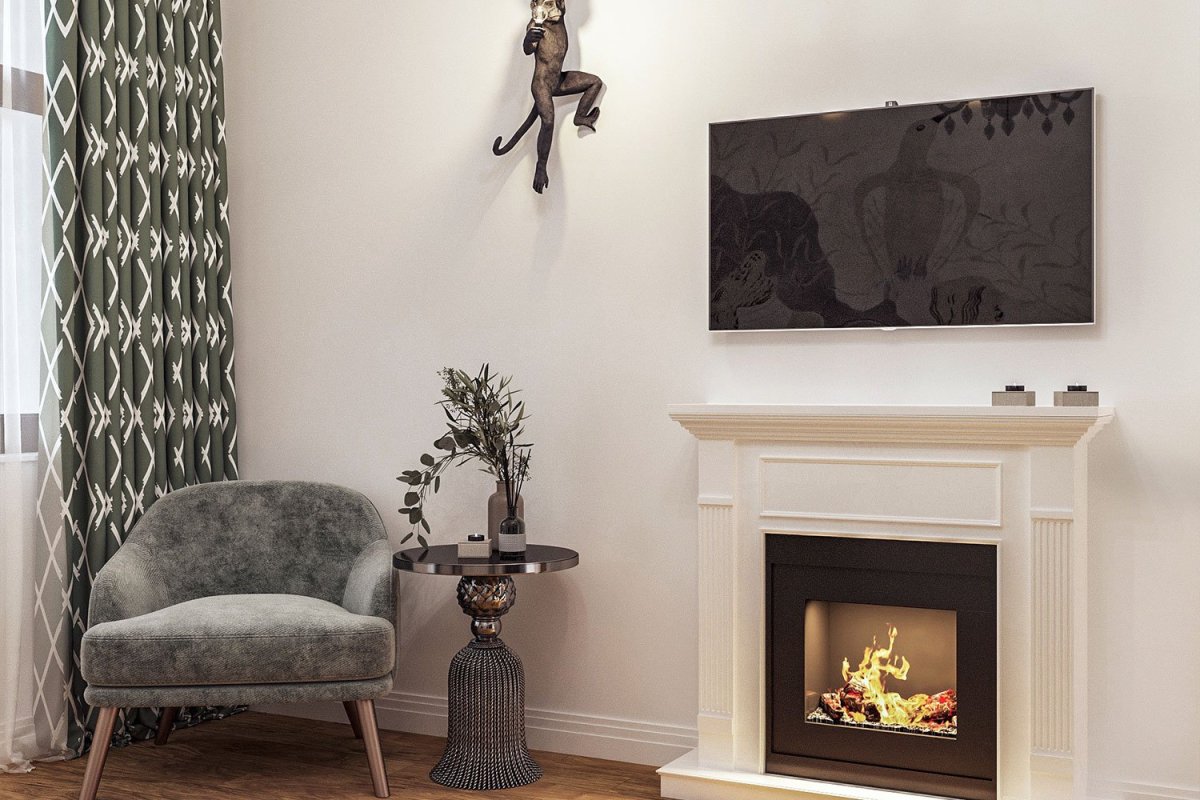 Длинный электрокамин в интерьере