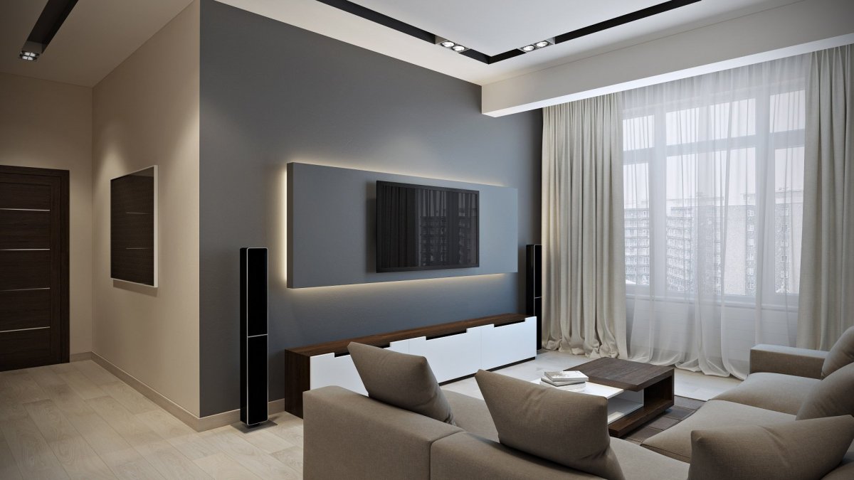 Крашеные стены в интерьере гостиной в современном стиле