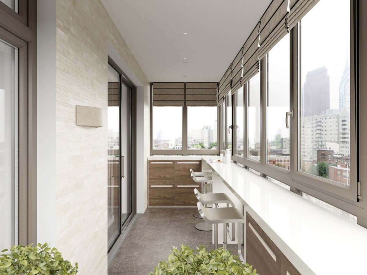 Барная стойка на балконе с панорамным остеклением