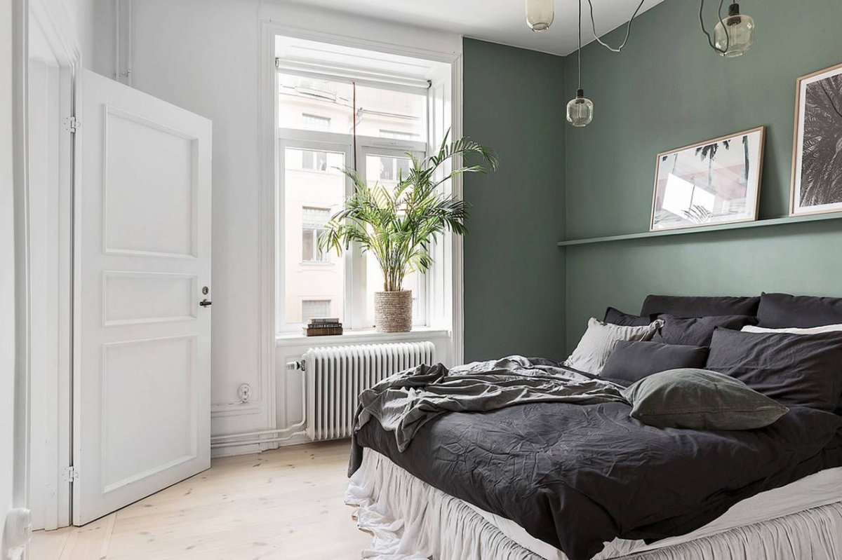 Спальня в зеленых тонах Скандинавский стиль