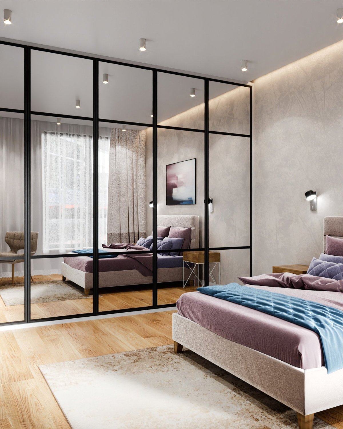 Стеклянная гардеробная в спальне