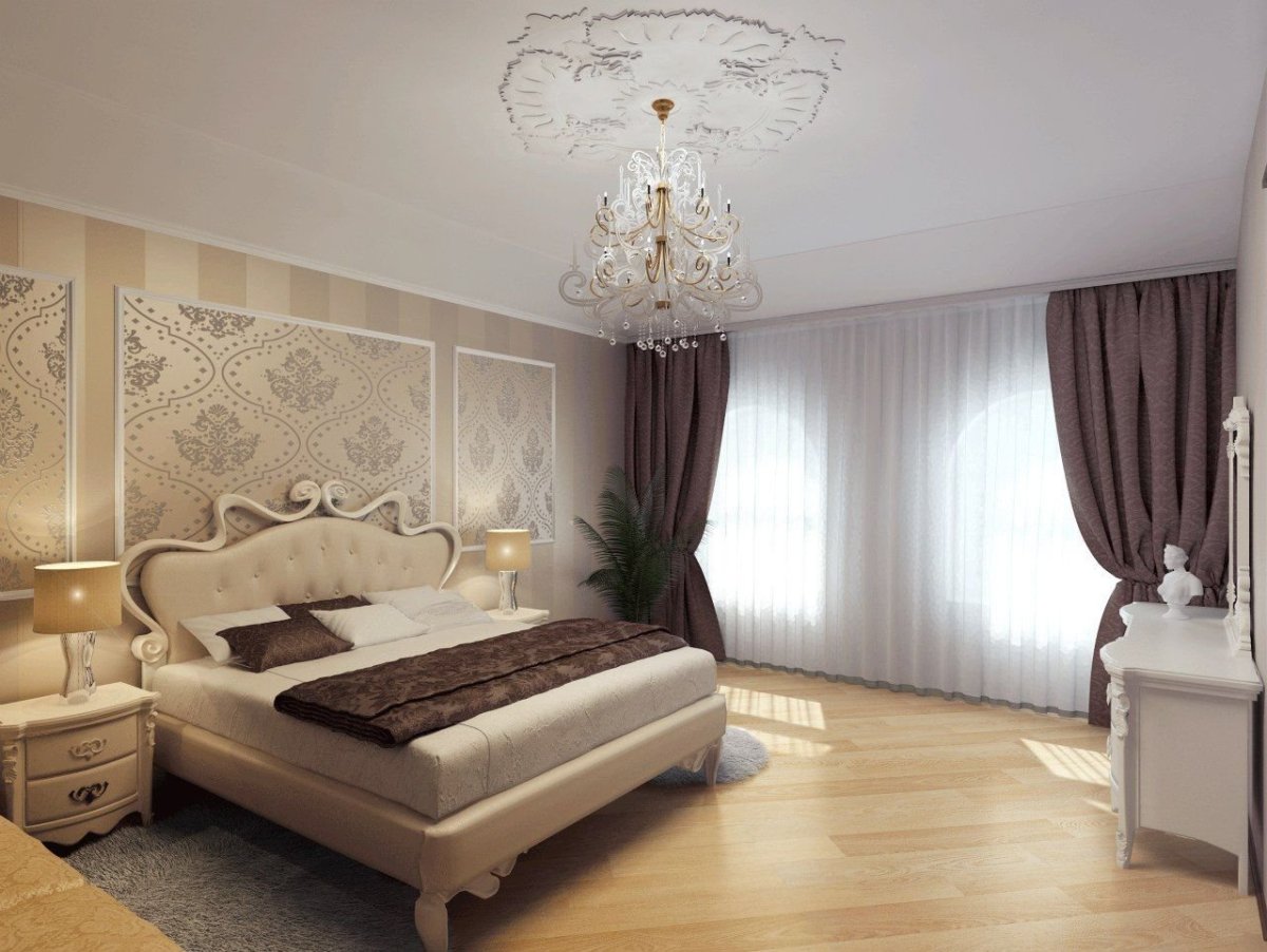 Молдинги в интерьере спальни шторы золотые