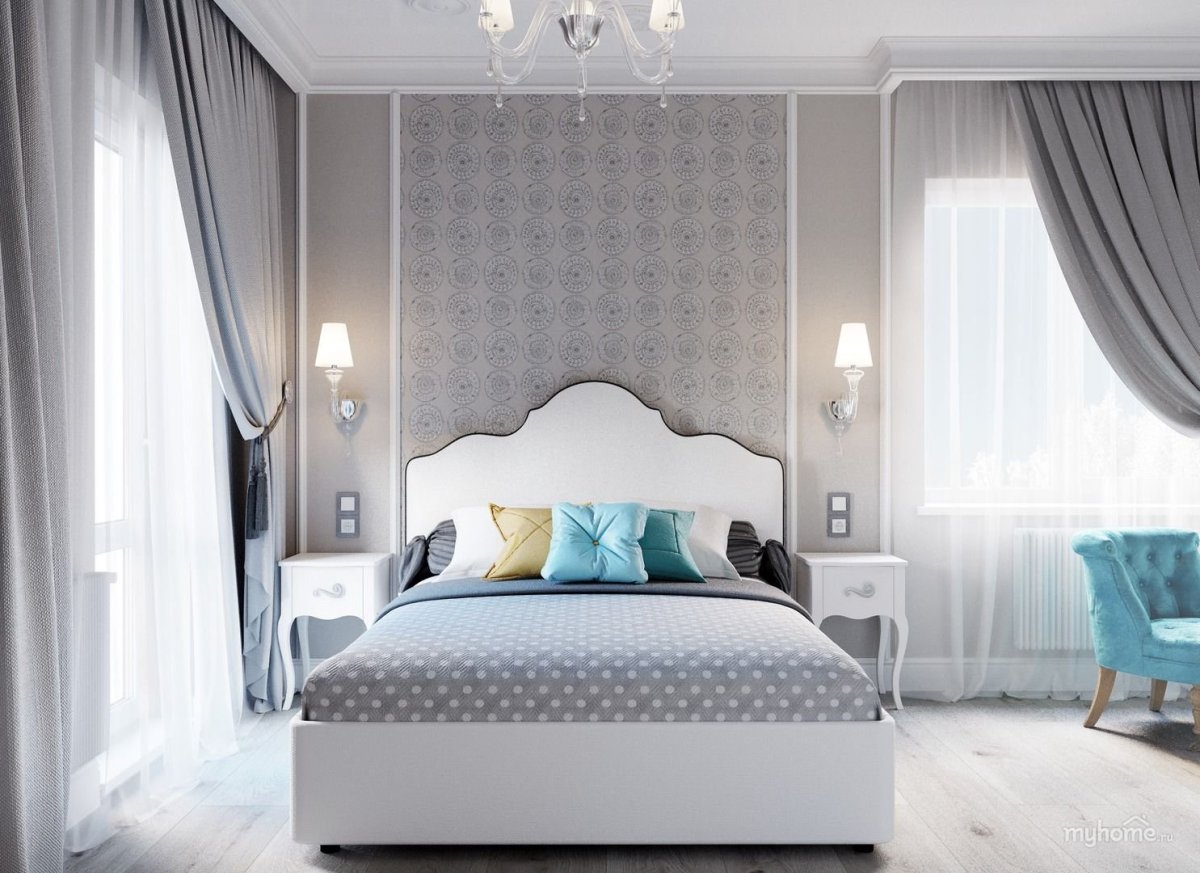 Спальня в серо белых тонах Неоклассика