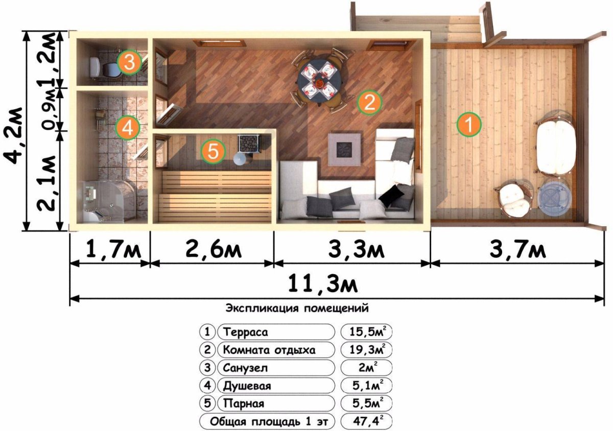 Проект бани с санузлом и комнатой отдыха