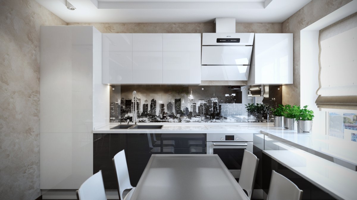 Белая кухня с темной вытяжкой