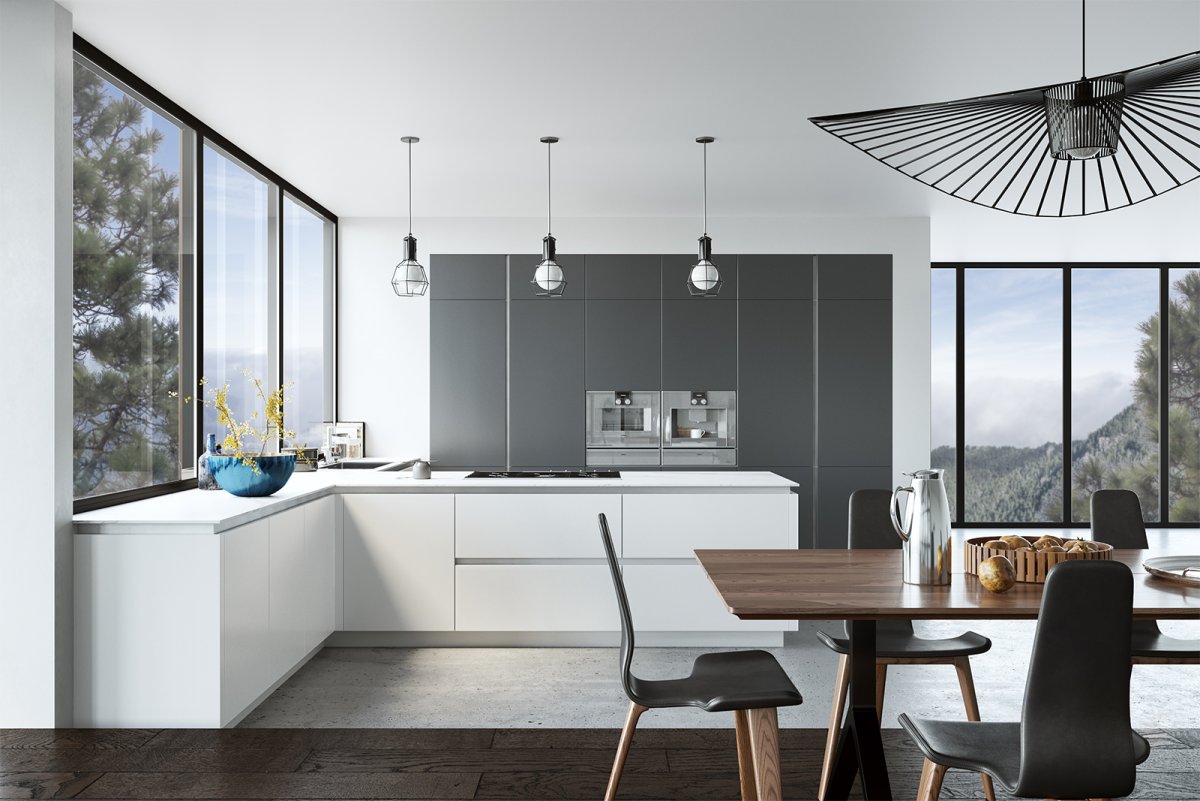 Современная кухня с высокими стеклянными фасадами