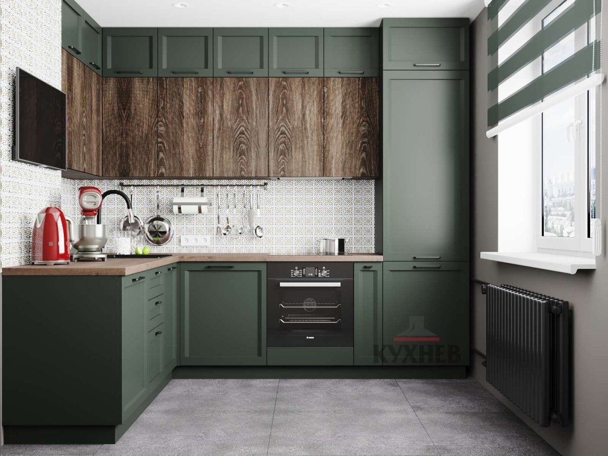 Кухня с темно зелеными фасадами