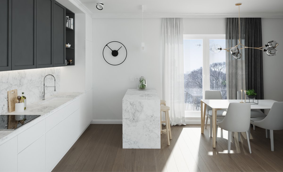 Кухня теплый серый и мрамор Минимализм
