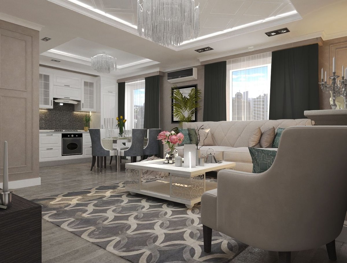 Неоклассика кухни с гостиной