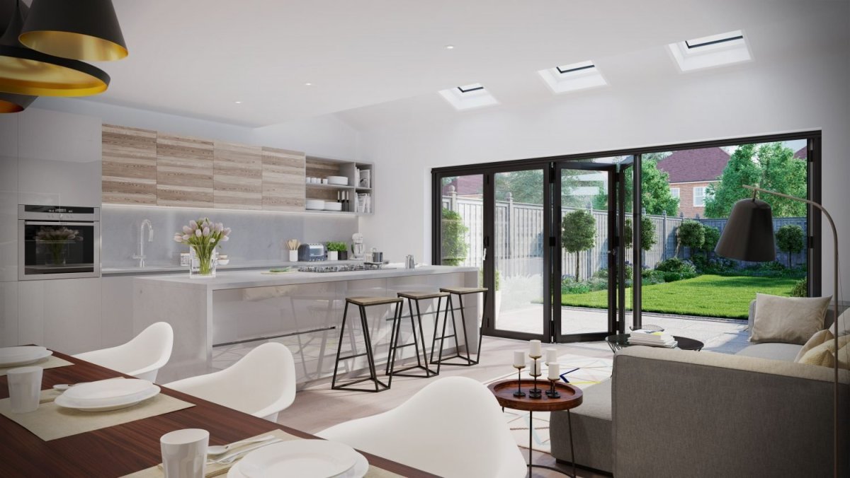 Кухня гостиная с панорамными окнами