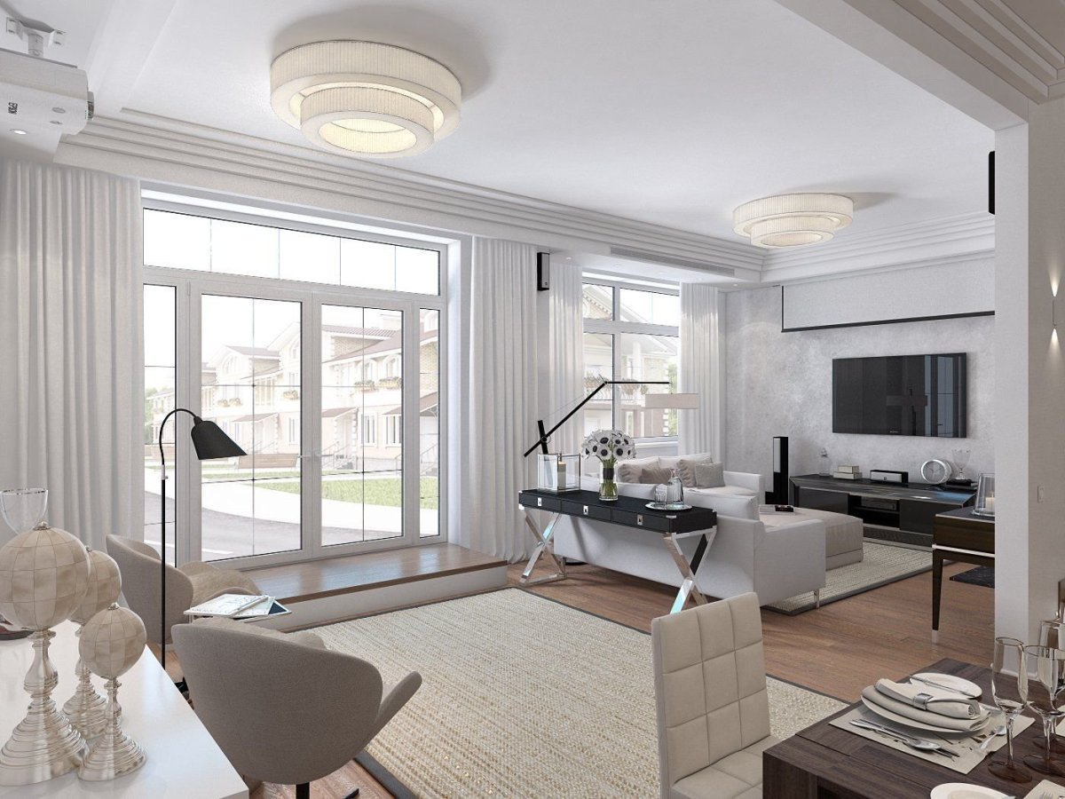 Кухня гостиная с большими окнами