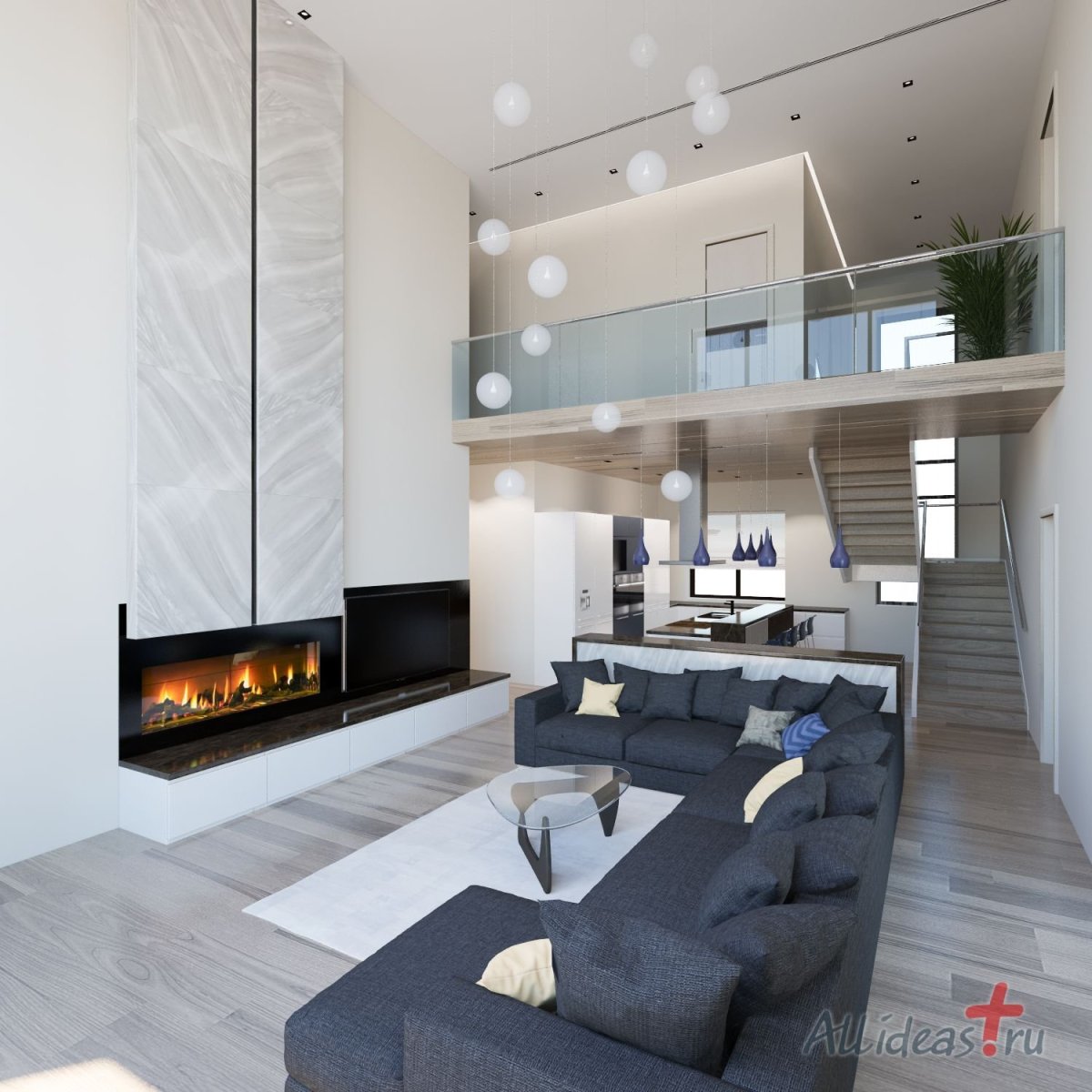Камин в гостиной со вторым светом