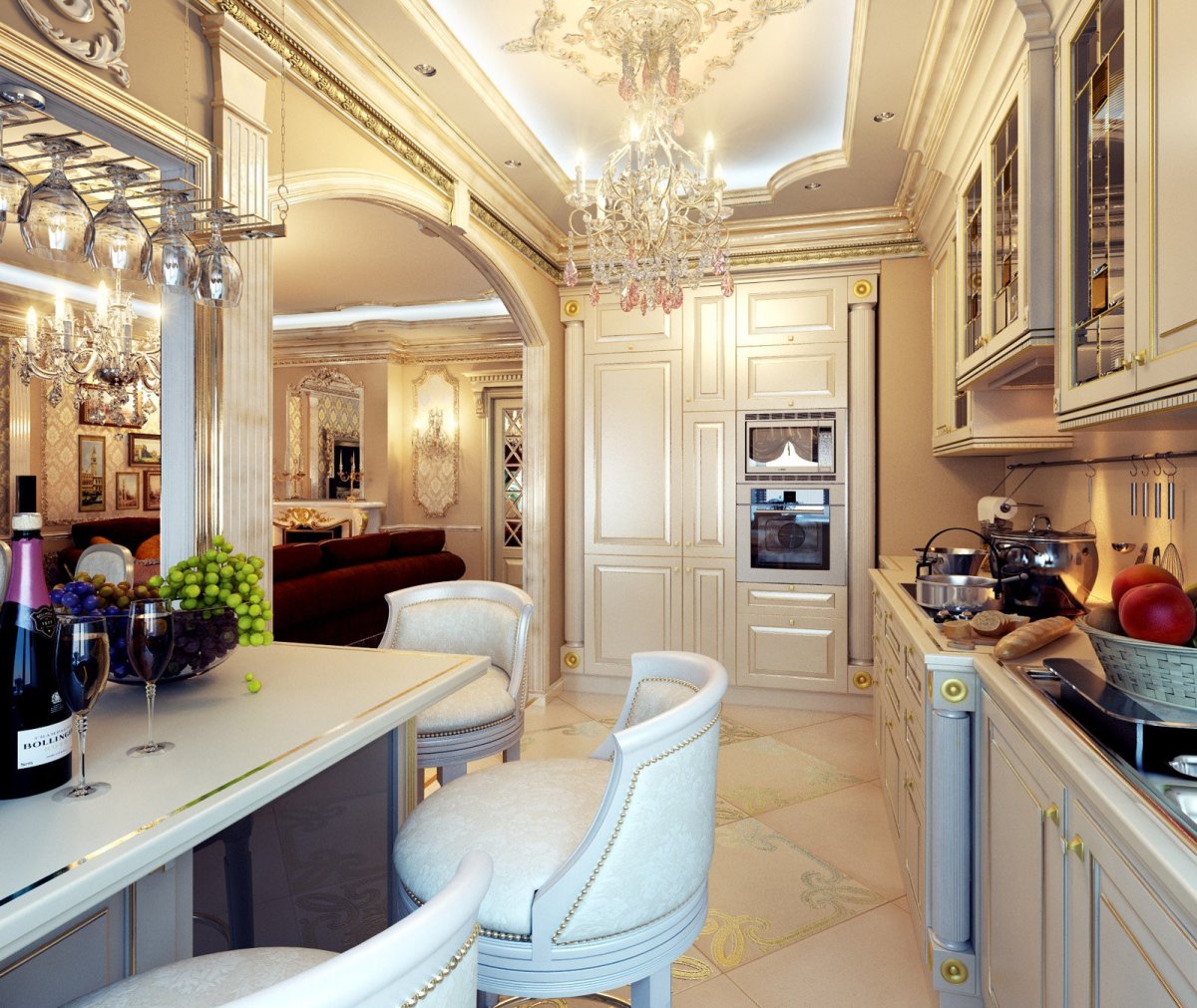 Шикарная кухня гостиная в классическом стиле
