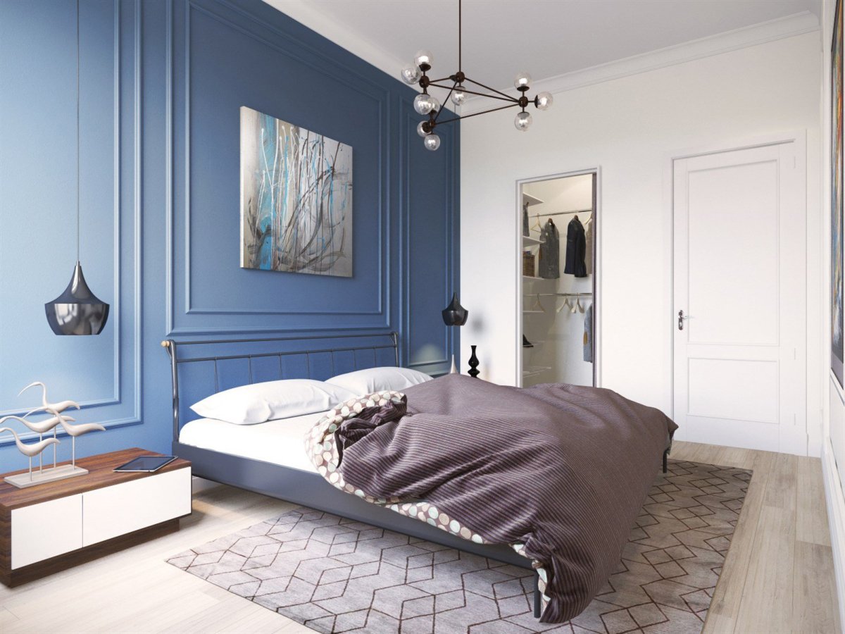 Синие стены в спальне