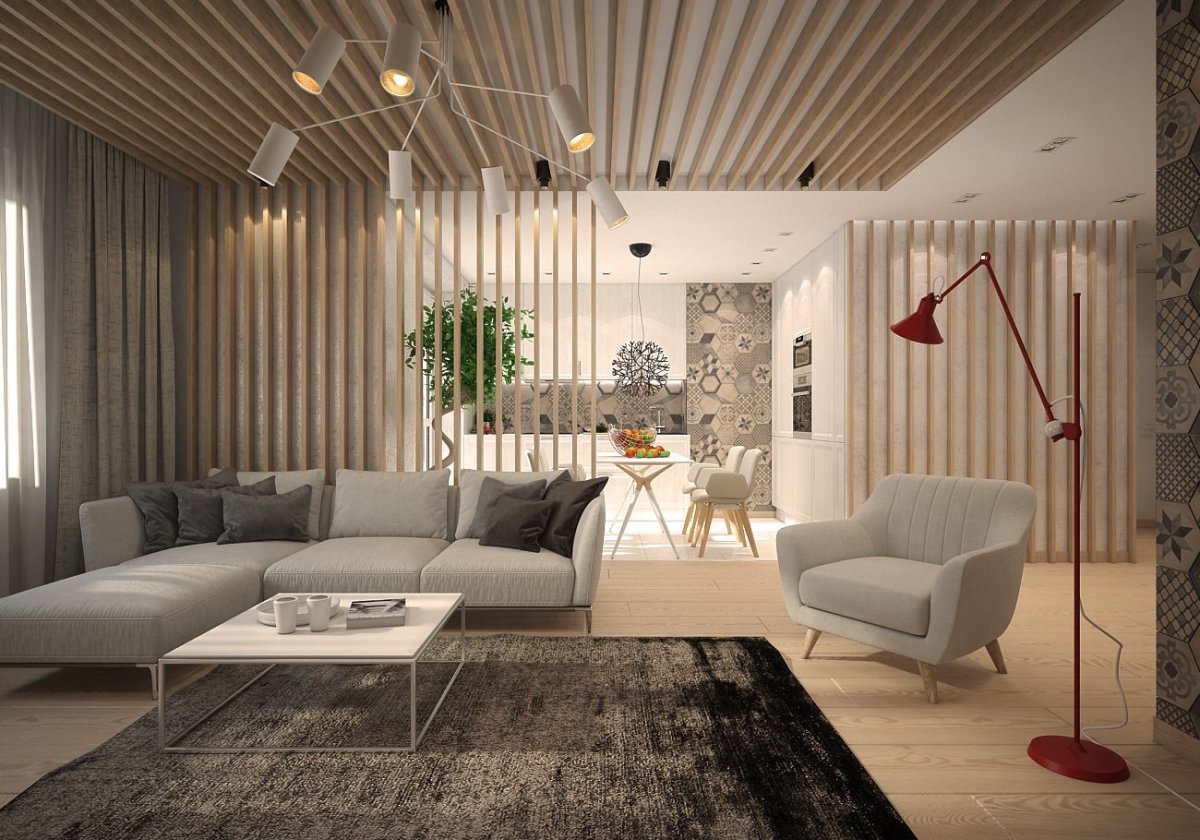 Белые рейки в интерьере гостиной