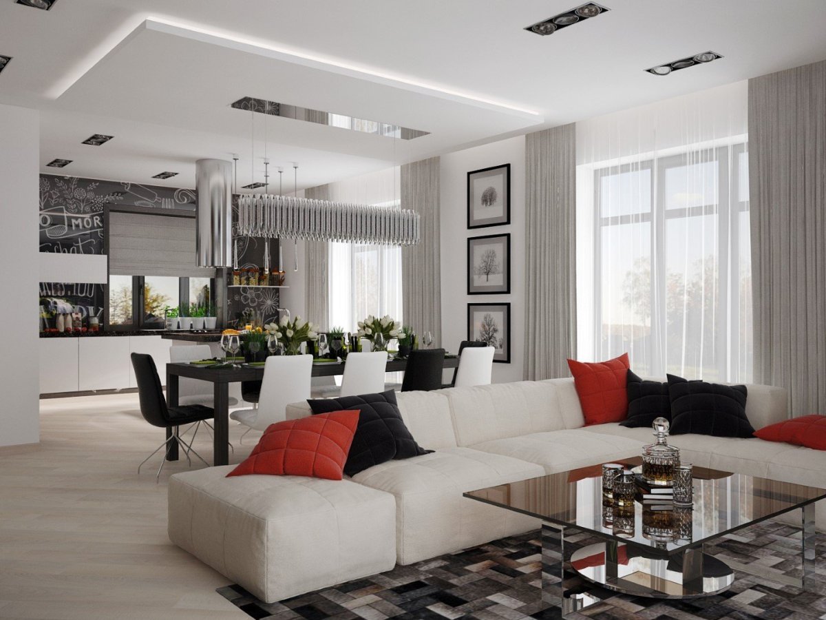 Кухня гостиная с большими окнами