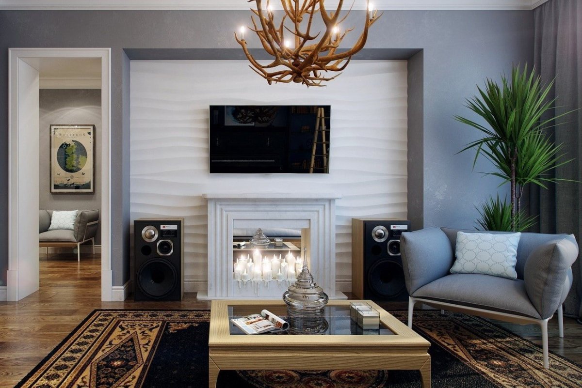 Гостиная с камином и телевизором