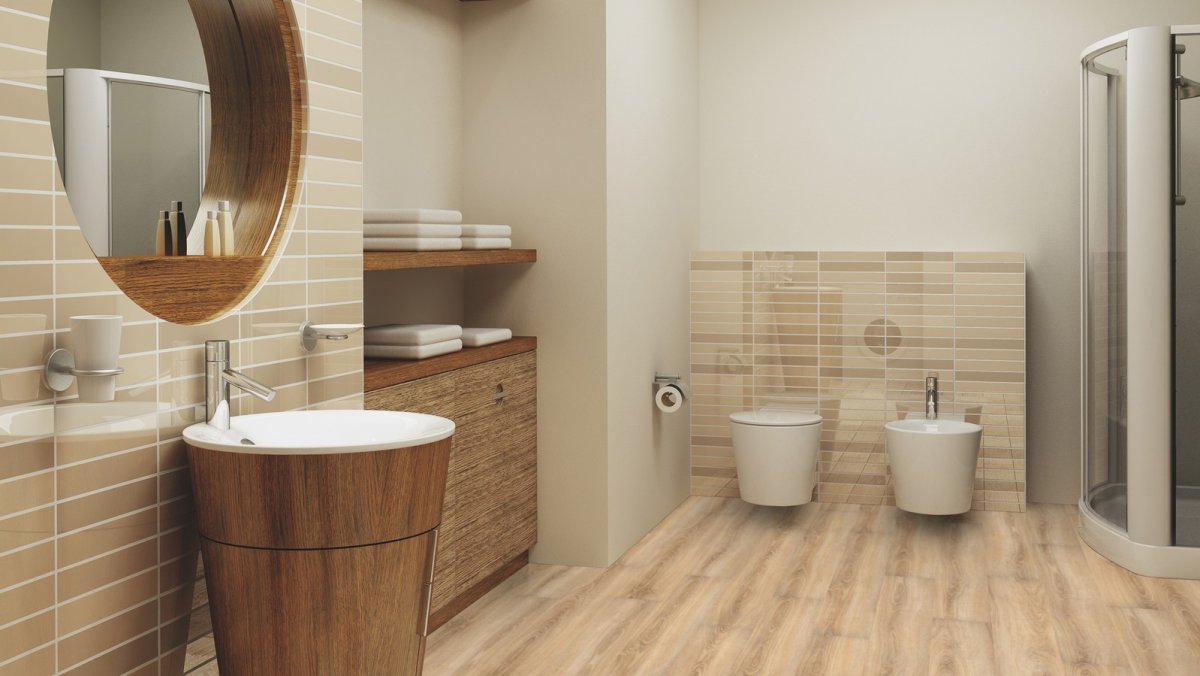 Ванная с плиткой под дерево