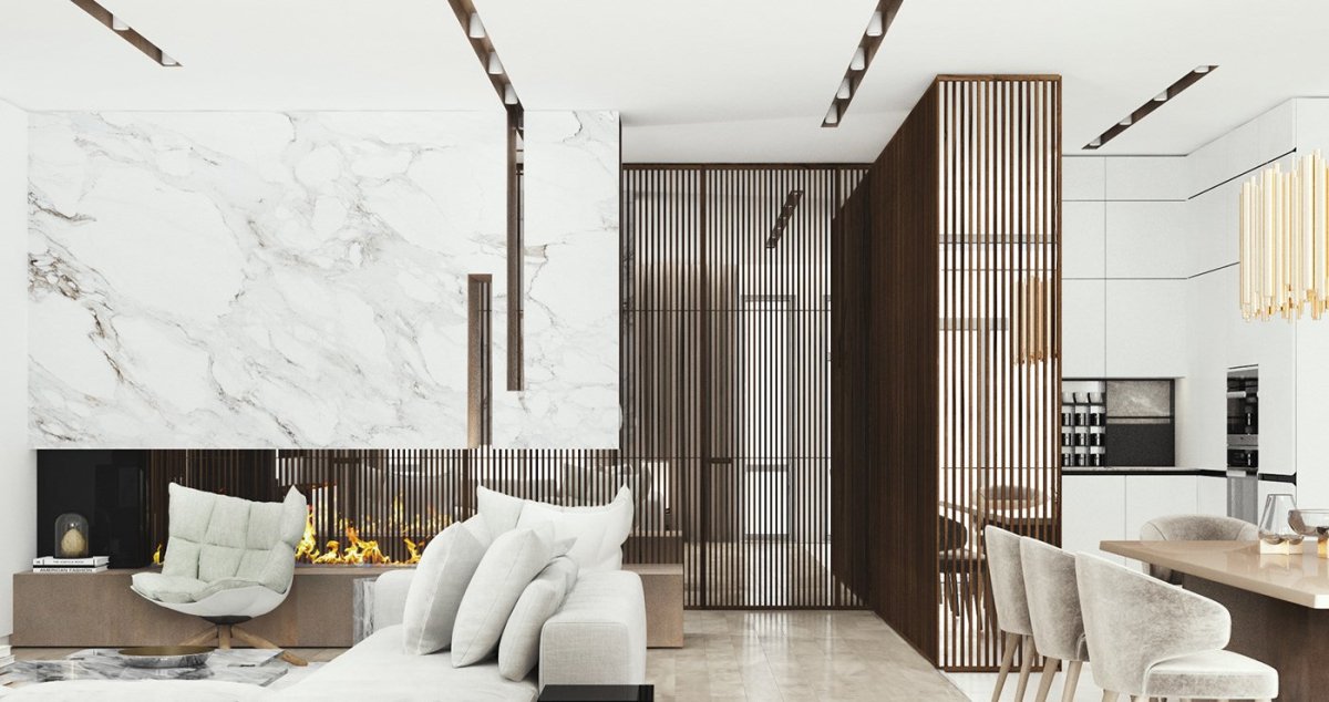 Мрамор и дерево в интерьере гостиной