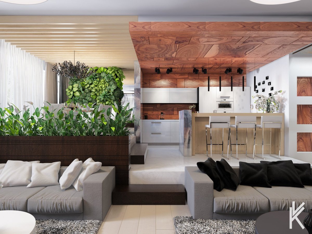 Экостиль в гостиной с фитостеной