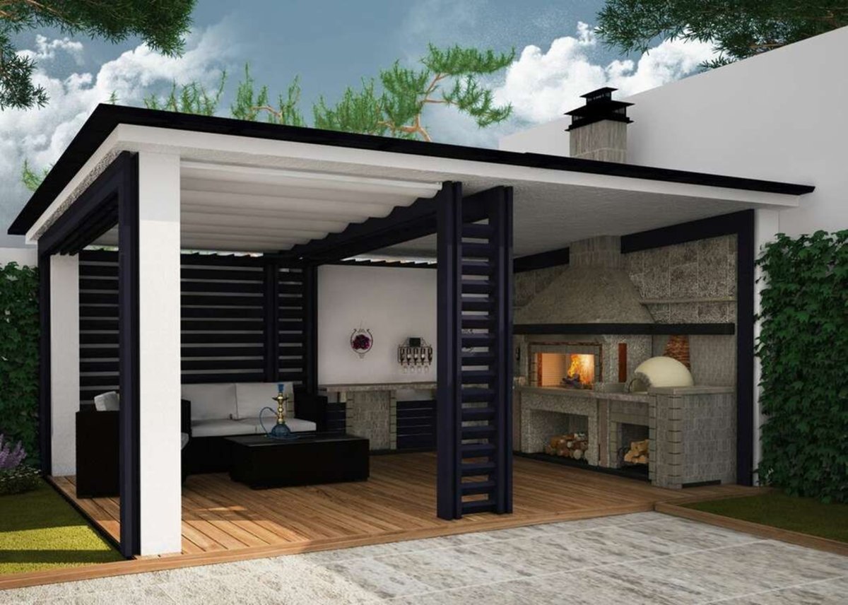 Беседка с мангалом с односкатной крышей