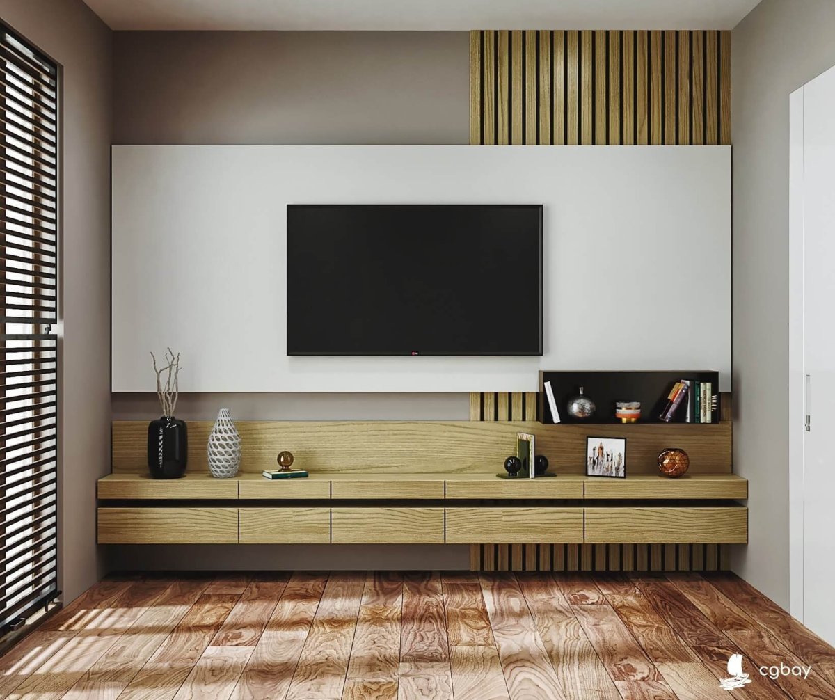 Стенка в гостиную с рейками